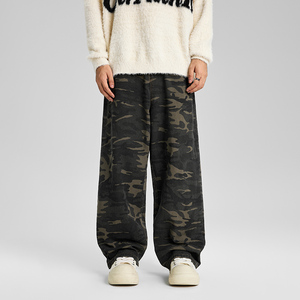 Lavagem Camuflagem Casual Calças de Perna Larga Homens Americanos Retro Baggy Denim <span class=keywords><strong>Jeans</strong></span> Em Linha Reta Homens Personalizados High Street Designer <span class=keywords><strong>Jeans</strong></span>
