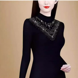 Women's Knit <b>Top</b> Black Long Sleeve Semi High Collar Rhinestone Embellished Soft Polyester Fleece Lined Autumn Winter Base <b>Layer</b> - Product Image 4