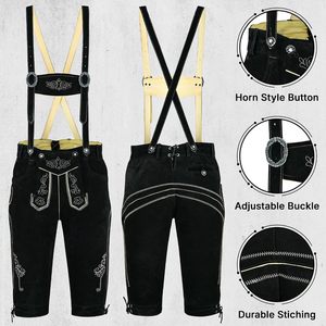 Ensemble de Lederhosen bavarois personnalisé pour homme, costume 4 pièces pour l'Oktoberfest, chemise en velours à carreaux noirs, bretelles, bottes, chaussettes - Product Image 3
