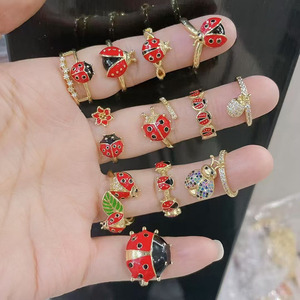 Rm1688 phong cách sang trọng 18K vàng dễ thương men bọ rùa phụ nữ bọ rùa và hoa Nhẫn chúc may mắn và tích cực biểu tượng mở Nhẫn - Product Image 3