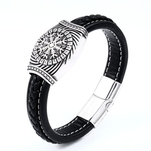 Wholesale Stainless Steel Viking Thor's Hammer Double Layer Braided Cuff Bracelet Black Leather Buckle Fashion Charm Bracelets - Product Image 4
