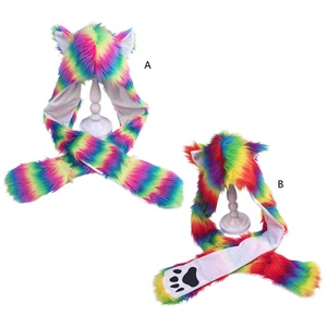 SOLPOP Gorro de Felpa de Animales de Peluche para Carnaval, Bufanda, Guantes, Accesorios para Fiestas Rave, Sudadera con Capucha de Orejeras de Peluche Colorida Arcoíris para Mujer con Orejas de Patas - Product Image 3