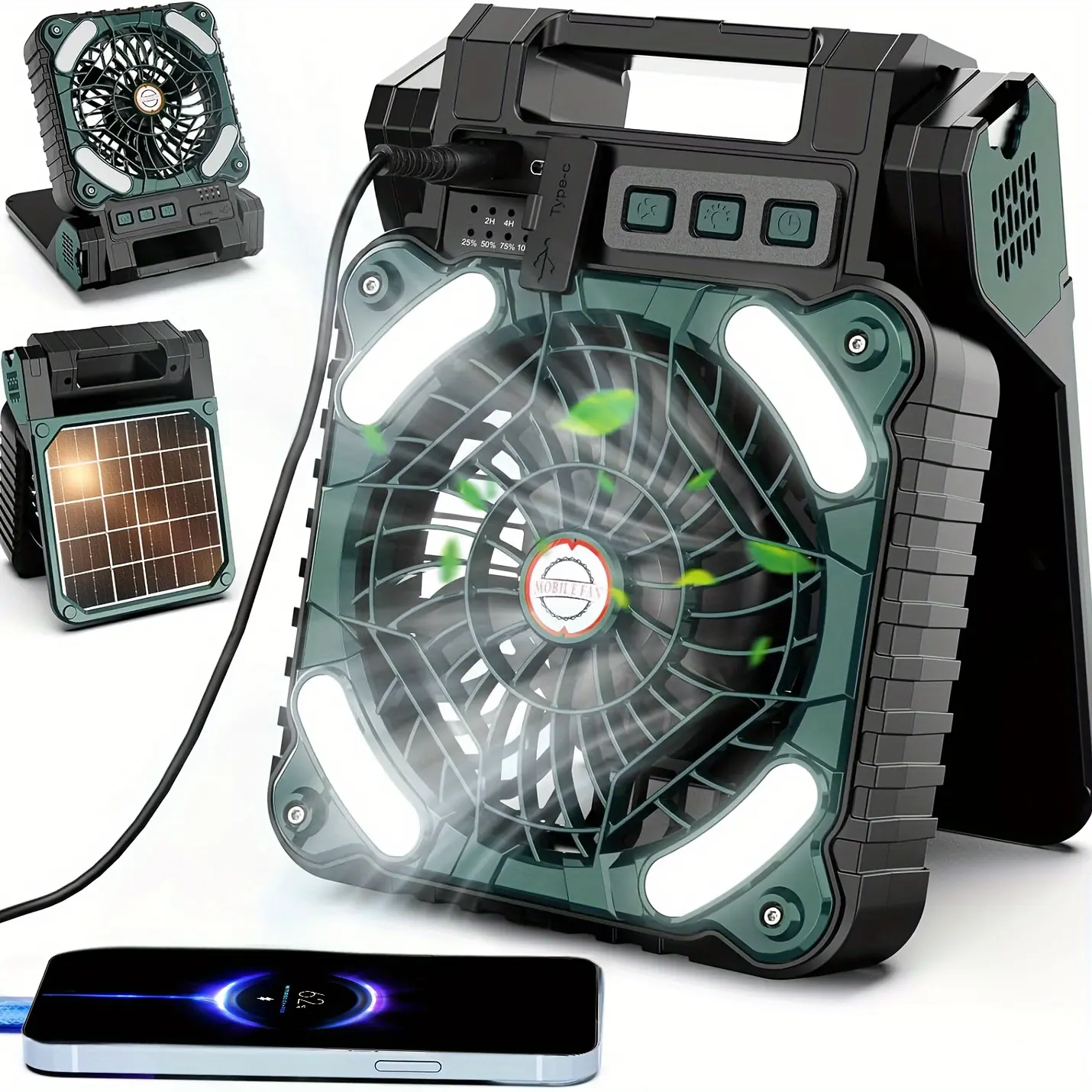 HOULI 7500mah ventilador portatil portable solar rechargeable standing usb fan with solar panel cooler led light