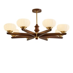 Retro All Copper Living Room Chandelier Solid Wood Multi Head LED <b>Light</b> Round Design Home Decor - Product Image 5