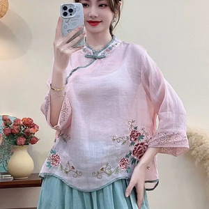 Traditional Chinese Embroidered Mid Sleeve Top Purple Women's Tea Dress Style - Product Image 3