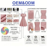Robe midi élégante et discrète rose poudré sur mesure, col rond, détails boutonnés, manches courtes, taille haute, coupe trapèze, jupe évasée, OEM ODM