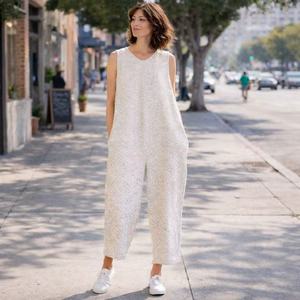 Tuta Intera da <span class=keywords><strong>Donna</strong></span> Personalizzata <span class=keywords><strong>Oversize</strong></span> Senza Maniche in Lino a Quadri Abbigliamento Femminile - Product Image 4