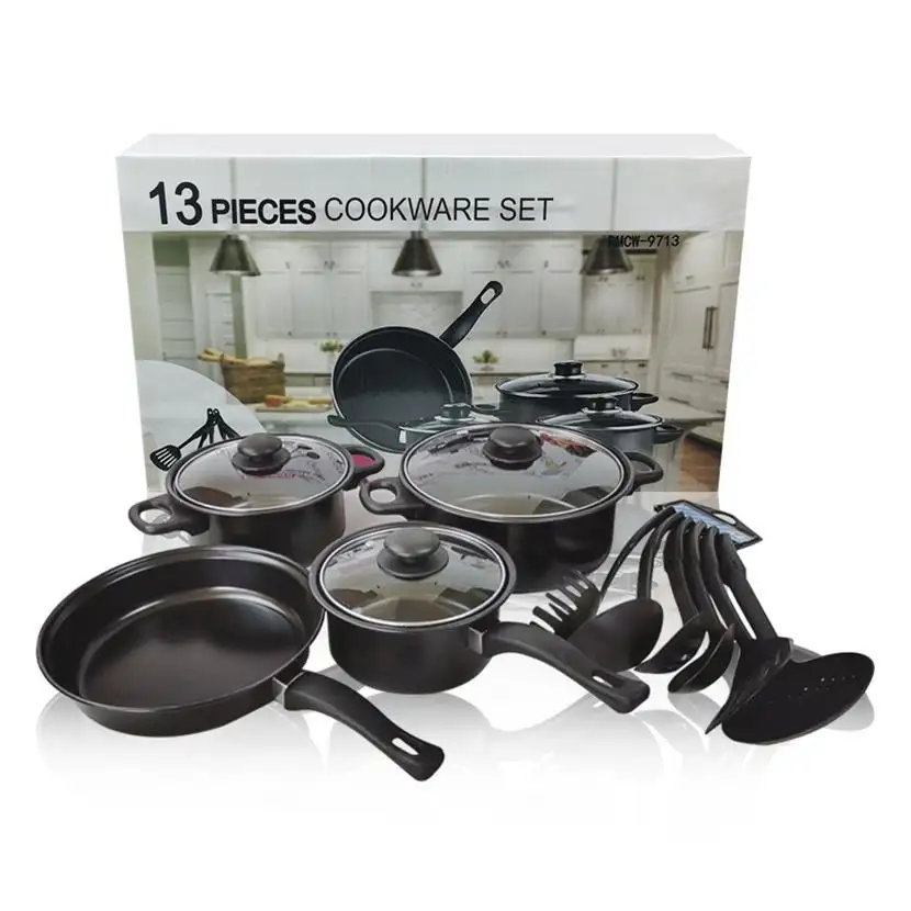Wholesale cheap 13pcs cookware, sets cooking pot Non Stick Black Cook Pot Set with Glass Lid Iron cookware sets/
