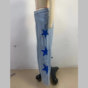 <span class=keywords><strong>Jeans</strong></span> da <span class=keywords><strong>Donna</strong></span> Channel Fashion con Patchwork a Stella, Gamba Dritta, Vita Media, Decorati con Perle, Stile <span class=keywords><strong>Boyfriend</strong></span> Effetto Vissuto, Tendenza 2026 - Product Image 5