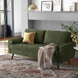 Canapé deux places de style mid-century moderne avec coussin capitonné, accoudoirs carrés et pieds en bois effilés pour salon - Product Image 2