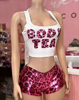 Vente flash - Ensemble sexy à imprimé léopard avec short à paillettes sans manches, tenue de club Y2K pour femmes, tenue de festival, streetwear tendance pour filles