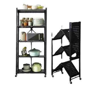 Home Storage Shelf Folding Metal Storage Rack Grocery Organizer With Telescopic Wheels In Kitchen