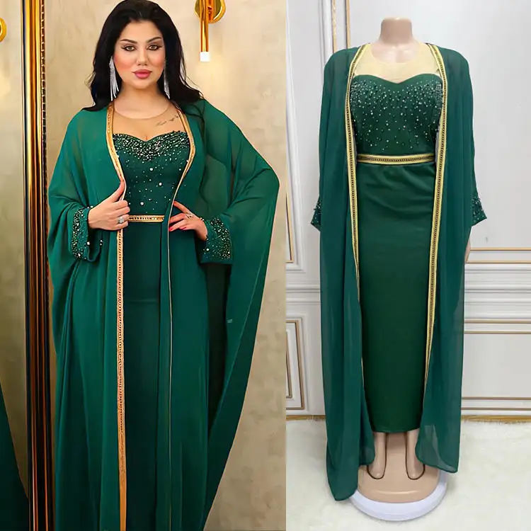 Ensemble 2 pièces de robe de caftan chauve-souris perles Dubai Abaya Femme Robe musulmane Robe maxi en gaze épissée Cardigan ouvert sur le devant Abaya