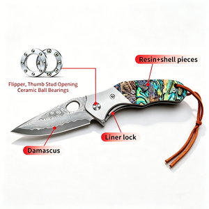 Cuchillo Plegable Táctico de Supervivencia para Camping al Aire Libre con Hoja de Acero de Damasco OEM y Mango de Abulón - Product Image 3