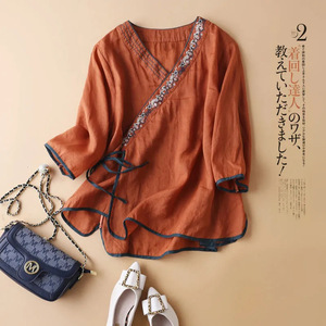 Women's Chinese Style Cotton <b>Linen</b> <b>Top</b> V-Neck Embroidery Three Quarter Sleeve Loose Fit Breathable Summer T-Shirt - Product Image 1