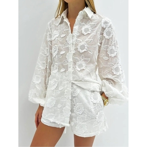 Women's New <b>Sexy</b> Lace Embroidery See-through Shirt High-waisted Shorts 2-piece <b>Set</b> Fashion - Product Image 1