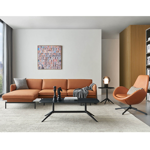Ensemble de canapés modulaires d'angle italiens haut de gamme en L personnalisés, meubles sectionnels, en cuir véritable orange, 3 places, canapé d'hôtel - Product Image 1