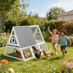 Poulailler extérieur avec nichoirs pour 4 à 6 poulets, plateau amovible, rampe, toit résistant aux intempéries, montage facile, structure en A pour jardin - Product Image 2