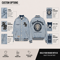 Blouson en jean pour homme, style universitaire, délavé, avec patchs chenille, coupe oversize, boutons-pression, logo personnalisé, vente en gros, usine OEM ODM