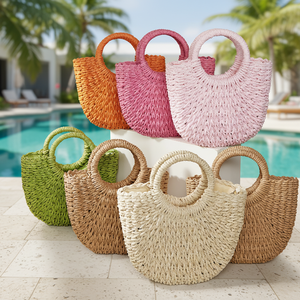 Mini Yarım Daire El Dokuması Kadın Yaz Retro Plaj Çantası Üst Saplı Hasır Çanta Clutch Çanta - Product Image 1