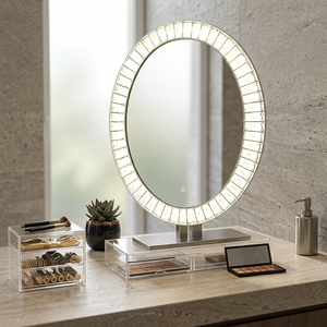 Miroir LED mural à commande tactile, style Art Déco moderne, éclairé, anti-buée, avec lumière de maquillage pour salle de bain - Product Image 3