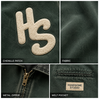 Veste Homme OEM ODM en Toile Lavée, Col Pointu, Fermeture Éclair Intégrale, Appliques, Poches Plaquées, Style Décontracté, Vêtement de Travail, Streetwear