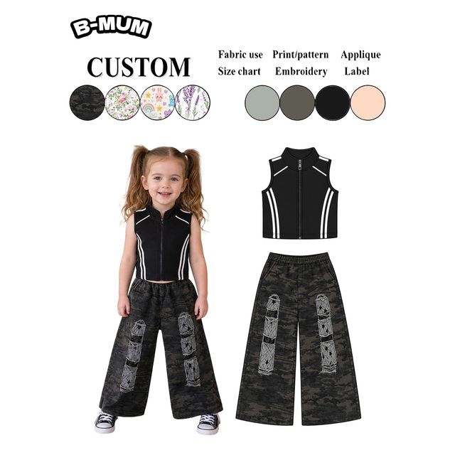 2 Piece Y2K Streetwear Girl Outfit Set Zip up Sleeveless Crop Vest Camo Wide Leg Pants Soft Denim Toddler Punk Hip Hop Tracksuit