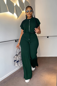 Zweiteiliges Set Outfit Trainingsanzug Sport Crop Top mit Kordelzug und Hochgeschnittene Hose mit Schlitz Weites Bein Casual 2-Teiliges Kleidungsset - Product Image 3