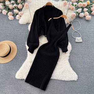 Autumn <strong>Winter</strong> Small Perfume Wind Knitting Suit Female Short Sweater Shawl <strong>Coat</strong> Halter Cami Suspender Dress Two Piece <strong>Set</strong> - Product Image 5