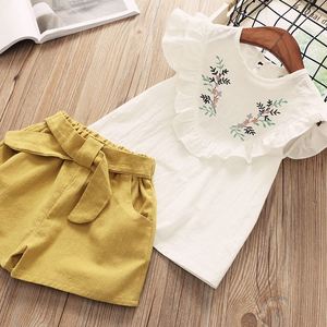 Ropa Infantil al por Mayor, Conjuntos de Camiseta con Bordado de Flores y Pantalones Cortos de Color Liso para Niñas - Product Image 1