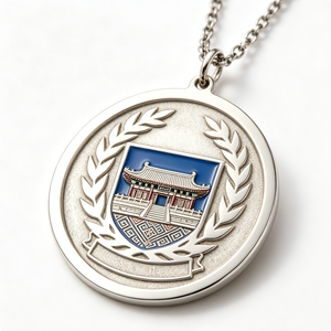 Medalla de aleación de zinc plateada con diseño de templo en relieve, esmalte duro, artesanía circular de recuerdo - Product Image 1