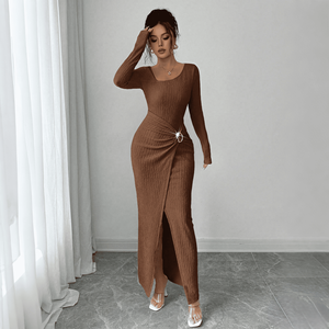 Abito <span class=keywords><strong>Lungo</strong></span> a Coste da Donna - Elegante <span class=keywords><strong>Vestito</strong></span> Aderente a Maniche Lunghe con Spacco Laterale e Dettaglio Annodato, Moda con Colletto Irregolare - Product Image 4