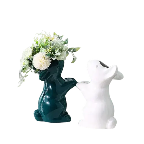 Custom Cute Rabbit Ceramic Vase Animal Green and White Vase for Flowers Home Decor