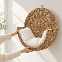 Tempat Tidur Kucing Ramah Lingkungan dari Anyaman Eceng Gondok, Hammock Gantung Dinding dengan Bantal Opsional, Furnitur Hewan Peliharaan Hemat Ruang untuk Dalam Ruangan
