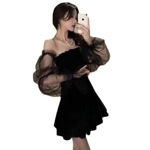 性感露肩网眼拼接连衣裙女性时尚粉扑袖一线迷你黑色连衣裙春季韩版女士修身前庭 - Product Image 6