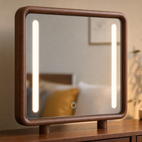 Coiffeuse moderne du milieu du siècle en noyer avec miroir rectangulaire éclairé par LED, 2 tiroirs et chaise – Ensemble table de maquillage