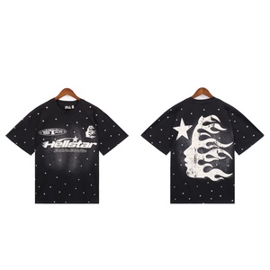 Conjunto de camiseta de manga corta y pantalones cortos de algodón lavado con estampado de letras y lunares de la marca de moda transfronteriza Hell Star para hombre, estilo casual urbano. - Product Image 4