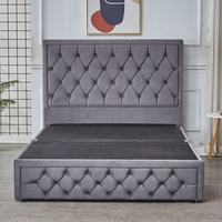 Vente en gros de base de divan King Size de luxe avec tête de lit capitonnée couleur grise rembourrage en tissu de velours lit de rangement avec 4 tiroirs