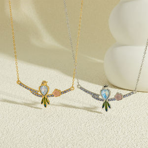 Collar de pájaro esmaltado colorido con piedra lunar flor Rosa CZ acentos cadena de eslabones delicados personalizable para joyería de moda de mujer - Product Image 3