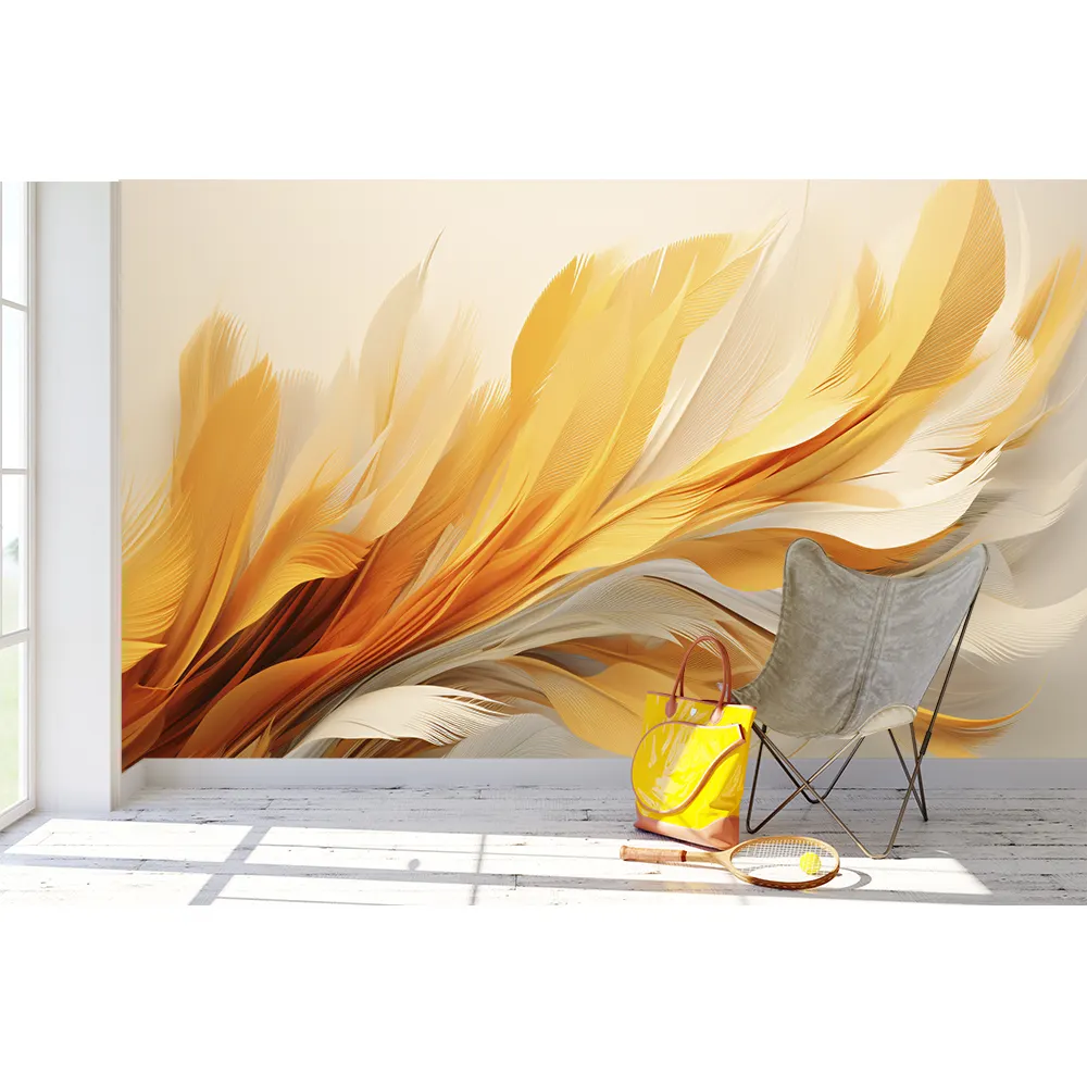 Wallpaper dinding bulu kuning elegan untuk dinding ruang tamu