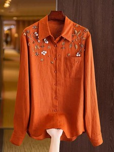 Camicette in Lino di Alta Qualità Nuova Collezione Primavera Estate 2026 <span class=keywords><strong>Camicetta</strong></span> da Donna con Colletto Rovesciato Decorazione con Perline Maniche Lunghe Blu <span class=keywords><strong>Arancione</strong></span> - Product Image 1