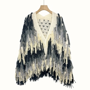 Cardigan Lungo Vintage Fatto a Mano E&L in <span class=keywords><strong>Maglia</strong></span> Larga <span class=keywords><strong>con</strong></span> Decorazione a <span class=keywords><strong>Frange</strong></span> Sfumate in Poliestere per l'Autunno - Product Image 1