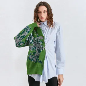 CHICEVER Patchwork Women Kitting Shirts Lapel Collar Hit Color Long Sleeve High Waist Tunic Irregular Blouses