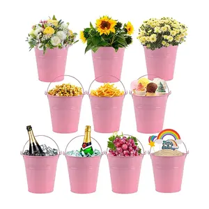 Cubos de Metal galvanizado con mango, maceta redonda para flores, cesta para plantas pequeñas y dulces, aperitivos y decoración de fiesta en casa