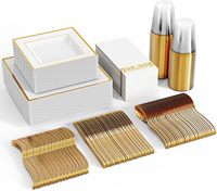 Service de vaisselle doré pour 25 invités, assiettes carrées en plastique à bord doré jetables et résistantes, ensemble d'argenterie dorée pour fête