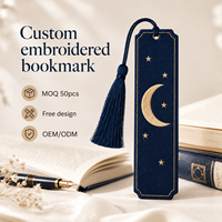 Marcapáginas Celestial Bordado Personalizado con Borla, Marcapáginas de Tela con Luna y Estrella, Logotipo Personalizado, Proveedor de Fábrica OEM ODM