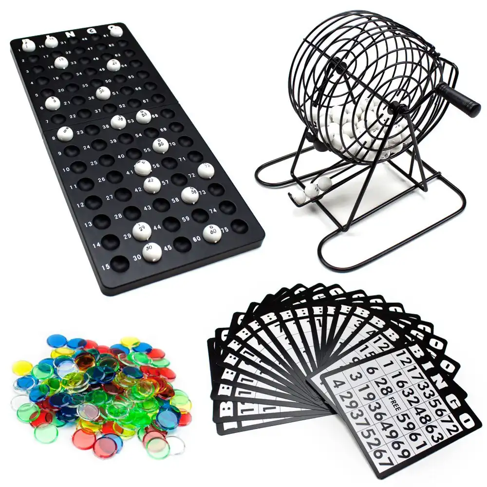 Bingo-Set mit Metallkäfig-Kunststoff kugeln und-haltern, wieder verwendbaren Karten und Kunststoff markierungen