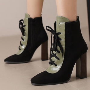 Bottines courtes pour femmes, grande taille 50, à lacets, motif bois, talons hauts épais, coupe large, patchwork - Product Image 2