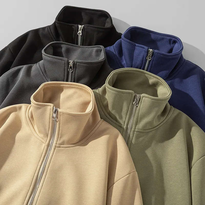 Custom Full Zip up French Fleece Comfortable Turtleneck Breathable Without Hood Custom Double Layer Full Zip Up Hoodie