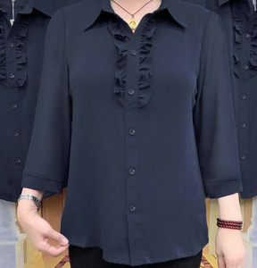 Chemisier pour <span class=keywords><strong>femme</strong></span> à manches trois-quarts, volants sur la patte <span class=keywords><strong>de</strong></span> boutonnage, coupe ample et respirante, col rabattu, idéal pour le quotidien, les trajets et les soirées, support OEM ODM - Product Image 3